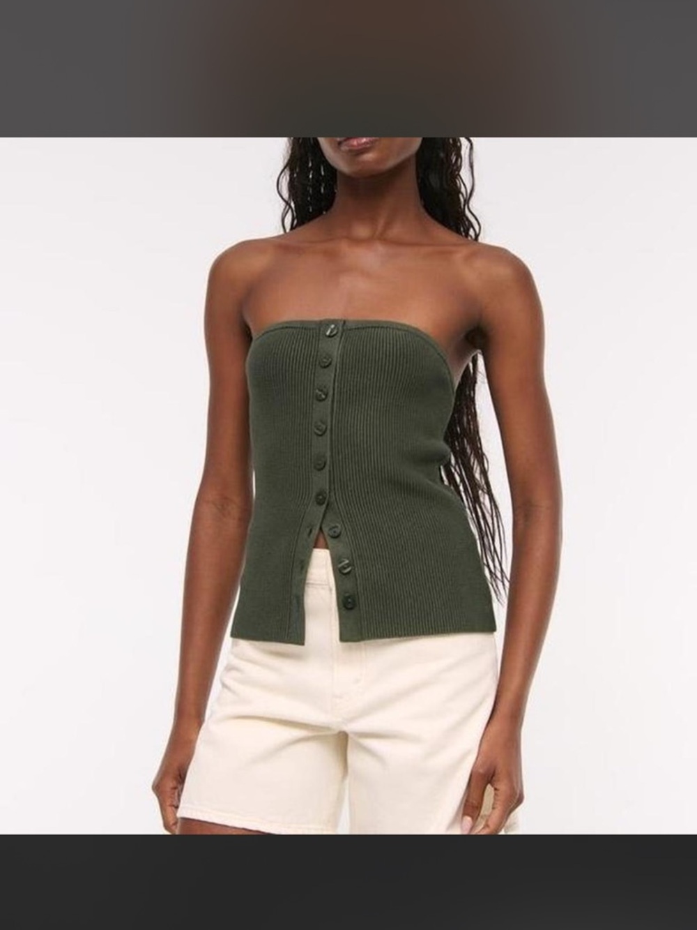 Abercrombie and Fitch Olive Strapless Button-Front Ribbed Top